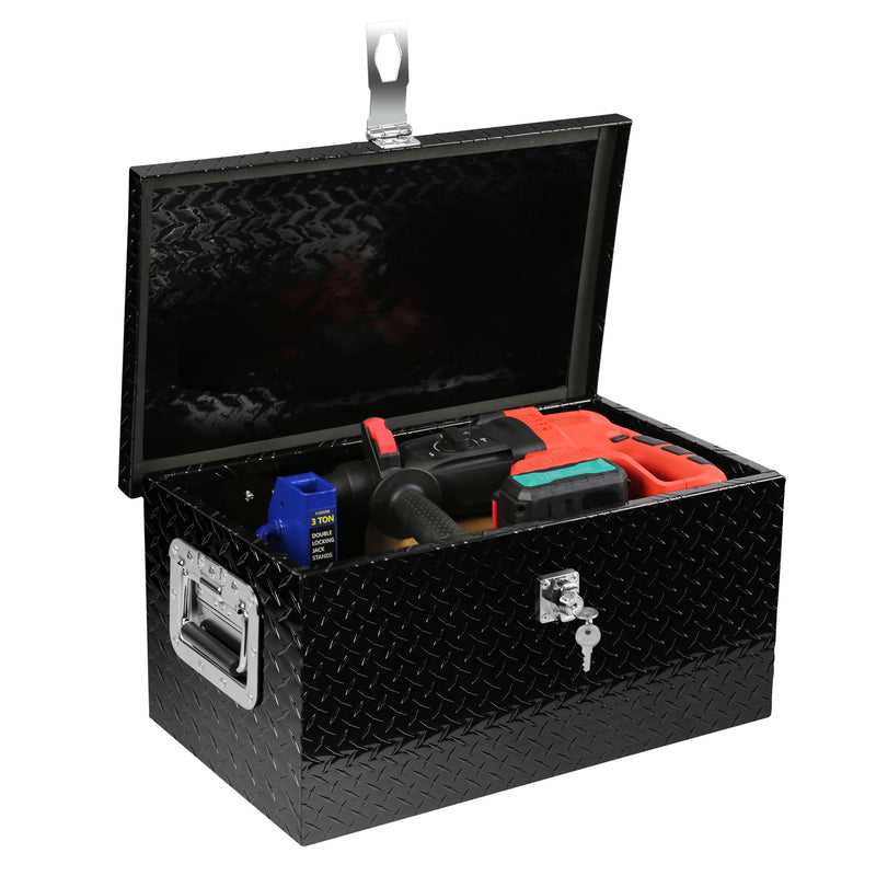 20" Black Aluminum Tool Long Box Tread Flat Box with Locking Side Handle and Key (20.1"×11.8"×9.3")