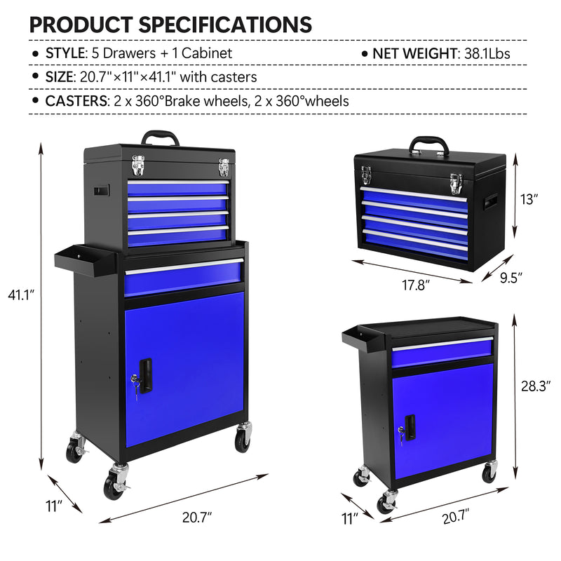 5 Drawer Rolling Tool Box with Lockable Wheels, Non-Slip Pads, Removable Tool Box Organizer